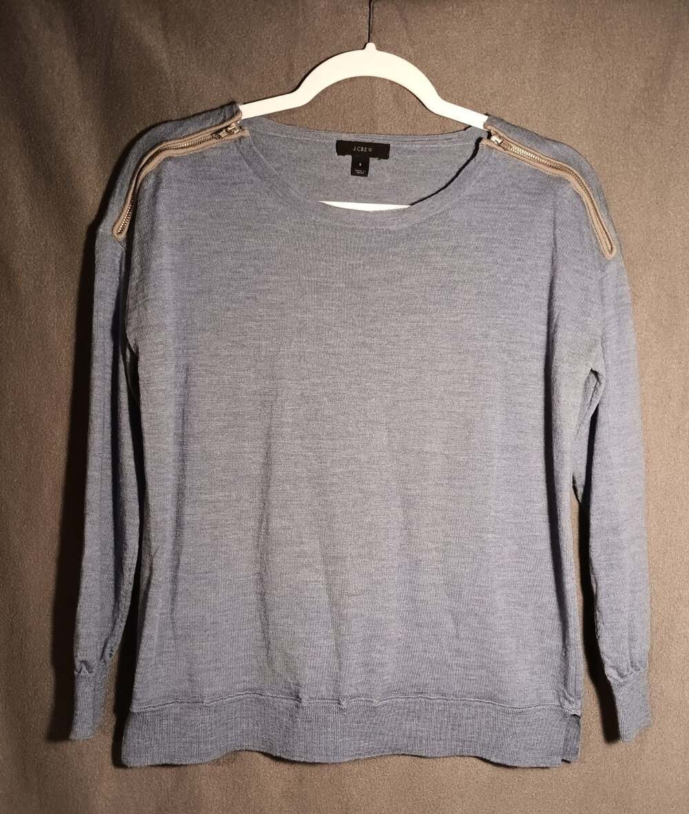 J Crew Merino Wool Long Sleeve Small Blueish Gray Zipper Shoulder Detail